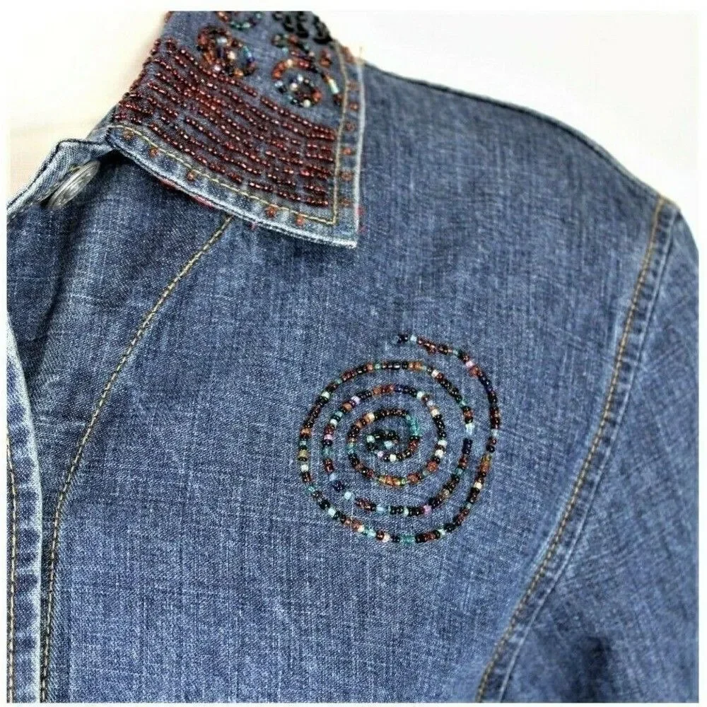Chico's Denim Jacket Beaded Applique Embroidered Embellished Blue Women's Size 4 - Picture 5 of 11